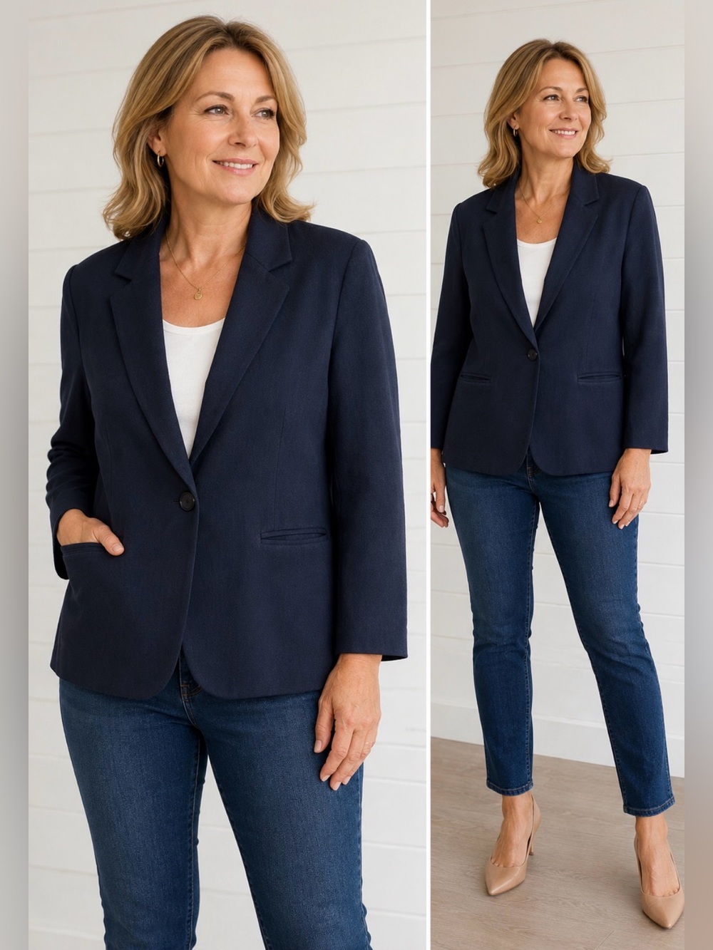 Vintage Worthington Blazer Women’s 14 Navy Blue 100% Wool Classic Career Jacket
